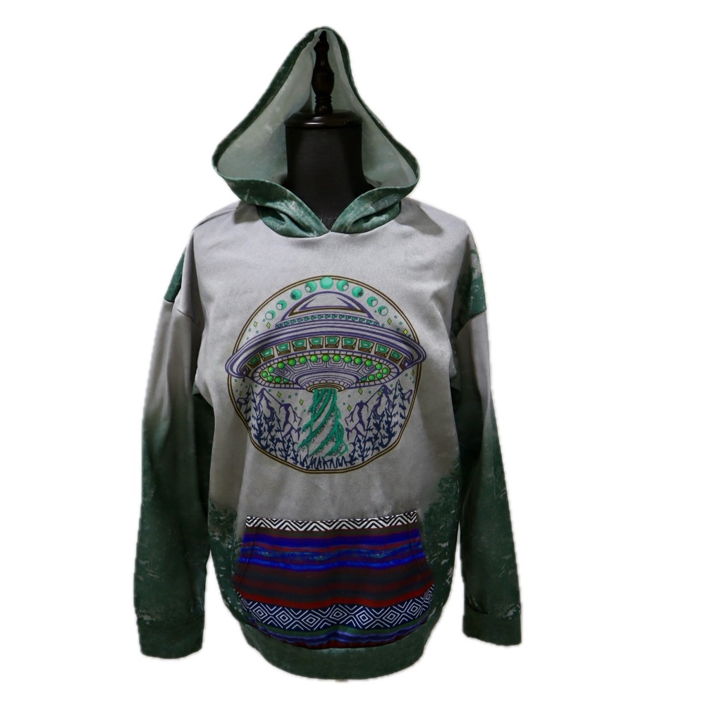 MissLook Alien UFO Graphic Hoodie Green Unisex Adult Large L Pullover Sweatshirt
